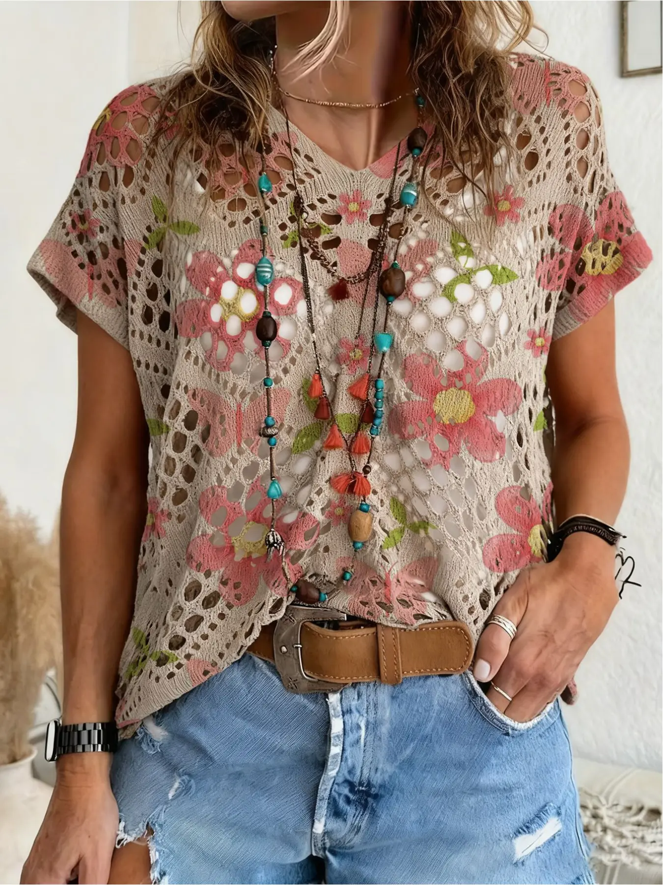 Spring/Summer style, V-neck diamond hollow out loose batwing short-sleeve cover-up, contrast color floral and plant print women's knitted top, vacation style, casual for commuting, Summer Coverup
