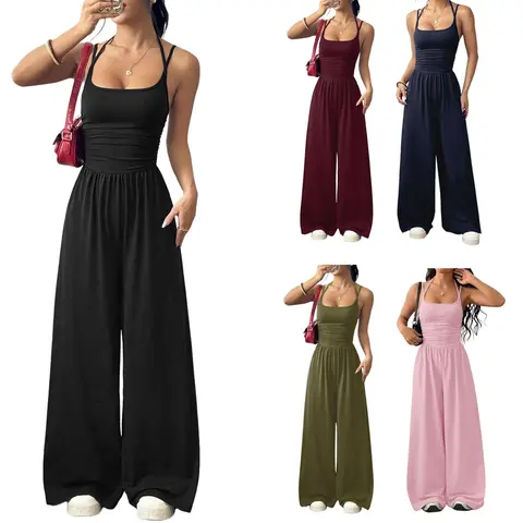 Women's Casual Sleeveless Wide Leg 1-Piece Overalls - Basic Style, Comfortable Fabric, Comfortable Fit, Summer Clothes for Women for Everyday Wear