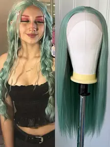 Women's Mint Color Wig, 26 Inch Long Silk Straight Hair, Heat Resistant Synthetic Lace Front, 13x4 Transparent Lace, Natural hairline Cosplay