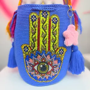 Blue Wayuu Bucket Bag with Hamsa Evil Eye Rhinestone Design | Handmade Crochet Crossbody Bag | Boho Artisan Purse