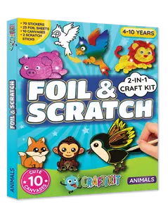 Craftikit Animal Theme Foil & Scratch Craft Kit for Kids Ages 4-10 2-in-1 Set with 70+ Stickers 20 Foil Sheets 10 Canvas Scenes & 2 Scratch Sticks Non-Toxic Materials