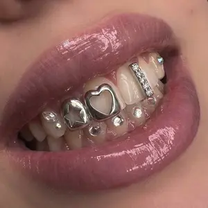 Sweet Cool Heart Star Hollow Out Dental Grillz, Hip Hop Rhinestone Dental Jewelry, Style, Unique Tooth Accessories