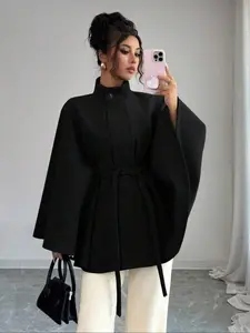 Women's Vintage Elegance Stand Collar Cape Coat, Belted Waist, High-Quality Piece, Fall & Winter Fashion, Stylish and Chic Outerwear Jackets, Womenswear