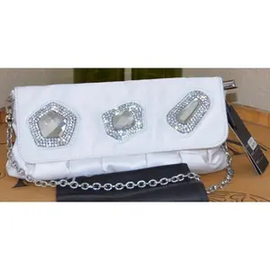 Sergio Feretti White Satin Faux Crystal Diamond Appliqué Clutch Shoulder Handbag