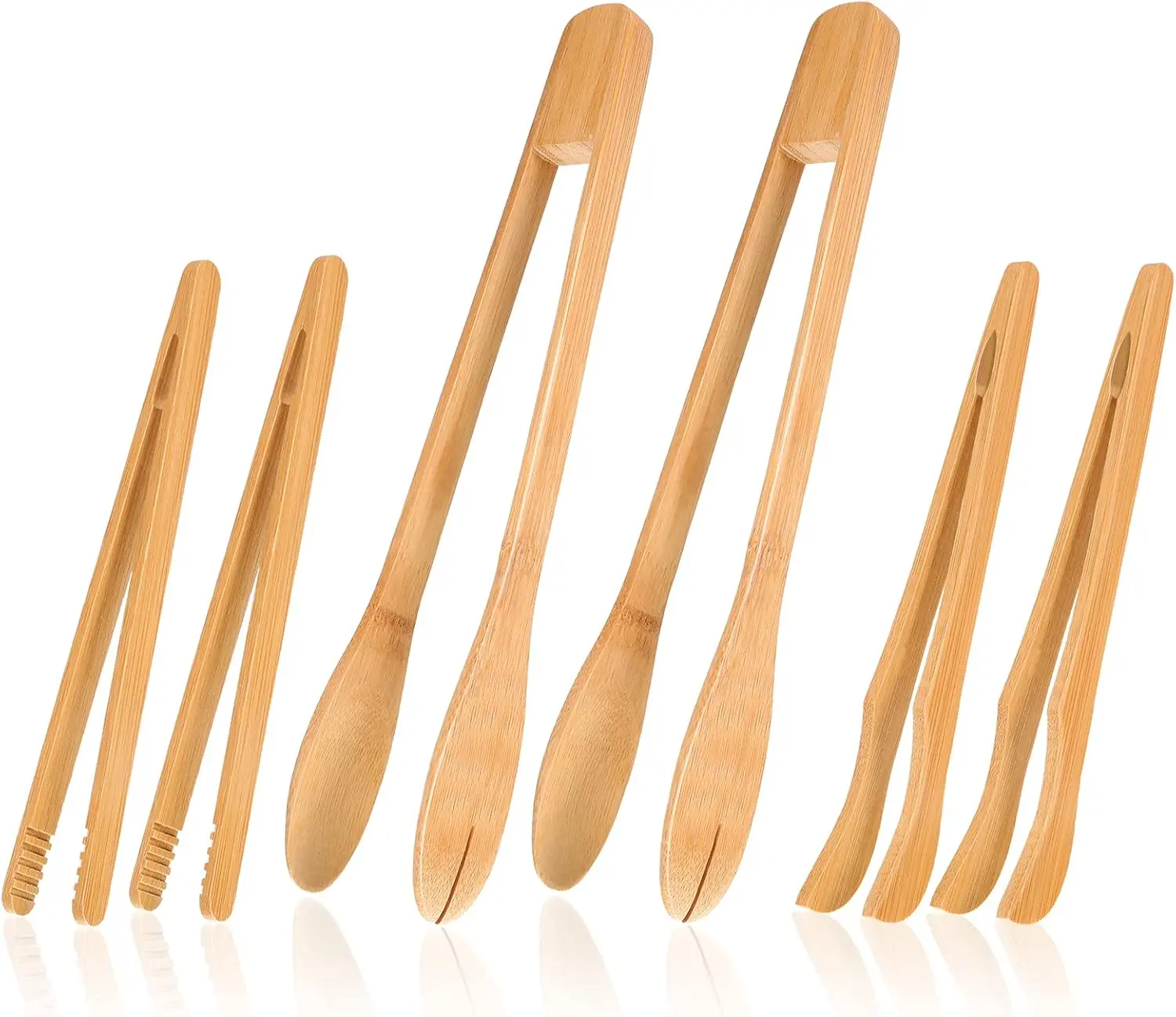6-Piece Bamboo Cooking Utensils Set, Long Straight Wooden Tongs for Pasta, Cheese, Toast - Kitchen Assembly & Disassembly Tool Accessories for Home Users