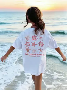 Oversized White Beach Tee, Sea | Casual Coastal Granddaughter Starfish & Floral Back Print | Clean Girl Summer Aesthetic for Vacation & Beach Day OOTDs | Preppy Summer Fashion | Tropical Delight Statement Top #SummerBeachTee #CoastalGrand