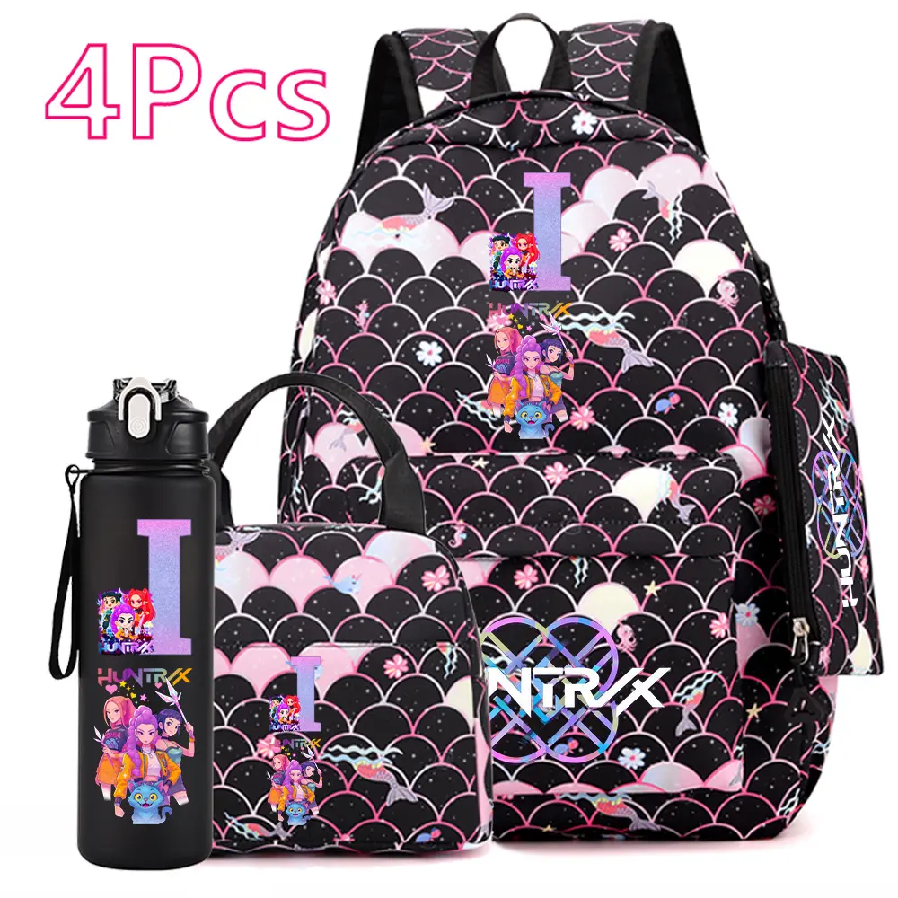 2026 HUNTR/X Black KPop Backpack Set 4PCS | Girls School Bag with Lunch Bag & Water Bottle