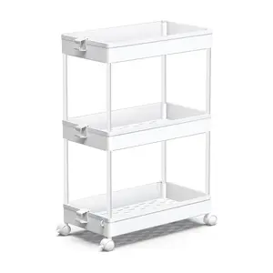 Rolling Storage Cart 3 Tier, Bathroom Cart Organizer Laundry Room Organizer Utility Cart Mobile Shelving Unit Multi-Functional Shelves for Office, Kitchen, Bathroom, White