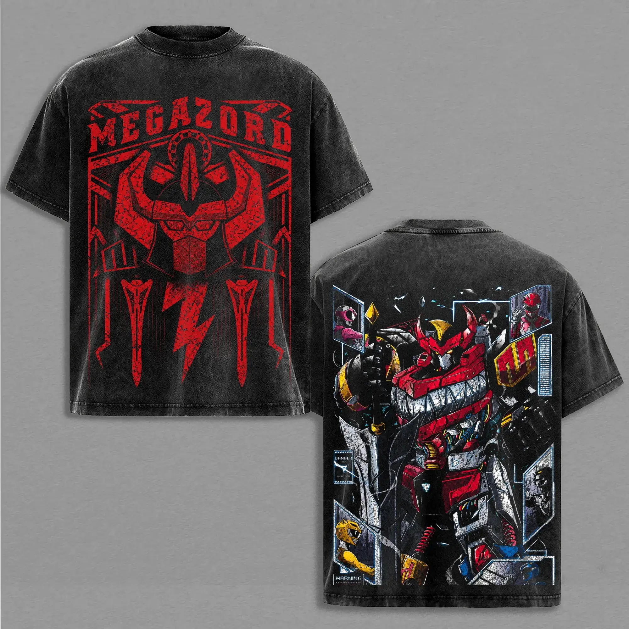 Power Rangers Vintage Wash Tee Collection | Mighty Morphin Megazord Graphic Shirt | Red Green Yellow Ranger Retro Streetwear | Heavyweight Cotton Unisex T-Shirt