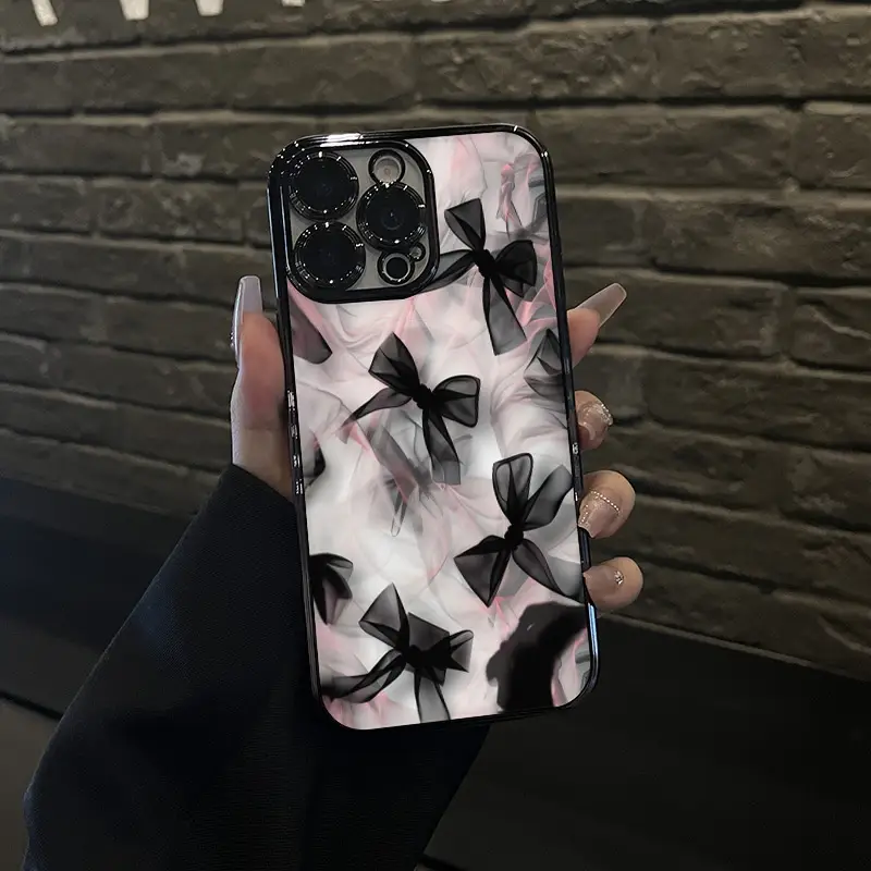 coquette black bow Pattern Phone Case Camera Lens Protective TPU for iPhone 16 15 Pro Max 14 13 12 11 XR XS Plus Fashion Shockproof Non-slip Creative