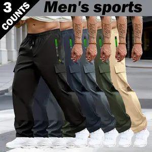 3-pack men’s casual cargo pants with zippered pockets, quick-drying and breathable; loose straight-leg long pants for sports and outdoor activities—versatile, stylish summer men’s pants.