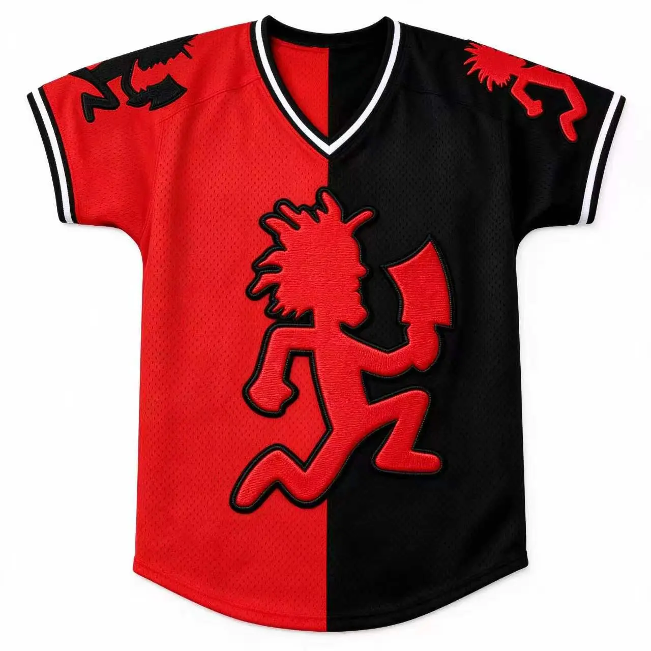 Psychopathic Records Red Black Split V-Neck Football Jersey, Full Embroidered Hatchetman Graphic, Breathable Mesh Short Sleeve Fan Shirt for Men