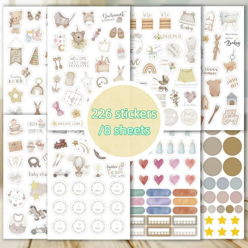 226 stickers/8 Ins style beginner mom theme sticker set, Diy sticker paper, suitable for memory books, scrapbooks, Scrapbooking, diaries, and project plans, gifts for mothers or wives, recording growth time, cute stickers