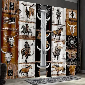 Two piece set of Western horse decoration curtains, Home decoration curtain - Wild West Cowboy style semi blackout curtains, 100% polyester semi transparent pole bag curtains, decorated with denim and American flag patterns
