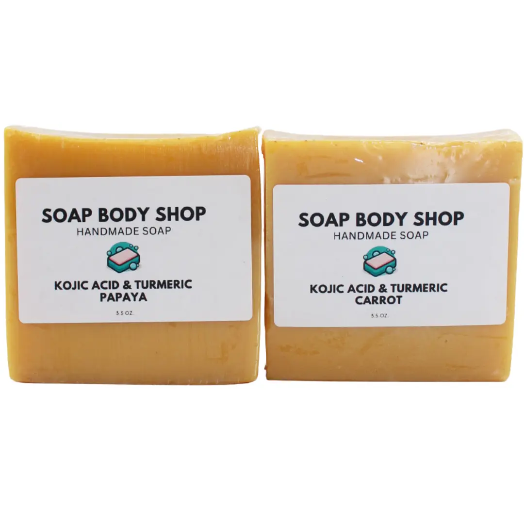 2-Piece Kojic Powder & Turmeric Brightening Soap Set with Papaya & Carrot – Unscented, Goat's Milk, Handmade Face & Body Soap Bars with Coconut Oil – Gentle, Nourishing & Fragrance-Free Cleanser, 3.5 oz Each