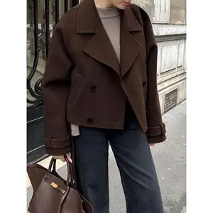 Double-Breasted Short Jacket Casual Loose Women's Coat, Oversized Collar and Button Design, Hooded Pockets, Winter Outerwear