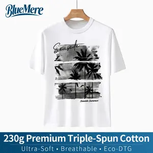 BlueMere 230G Heavyweight 100% Pure Cotton Fashionable casual and mature-style holiday graffiti printed men's slim-fit short-sleeve T-shirt with coconut tree scenery and letter combined patterns, standard size