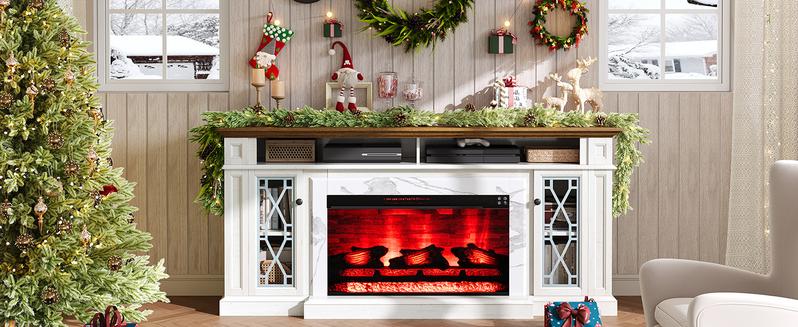 【Ships in 2 Boxes】AMERLIFE 70" Farmhouse Heavy Fireplace TV Stand with 33" Electric Fireplace, for 80" TVs up, Media Entertainment Center with Diamond Door, TV Console Storage Cabinet for Living Room