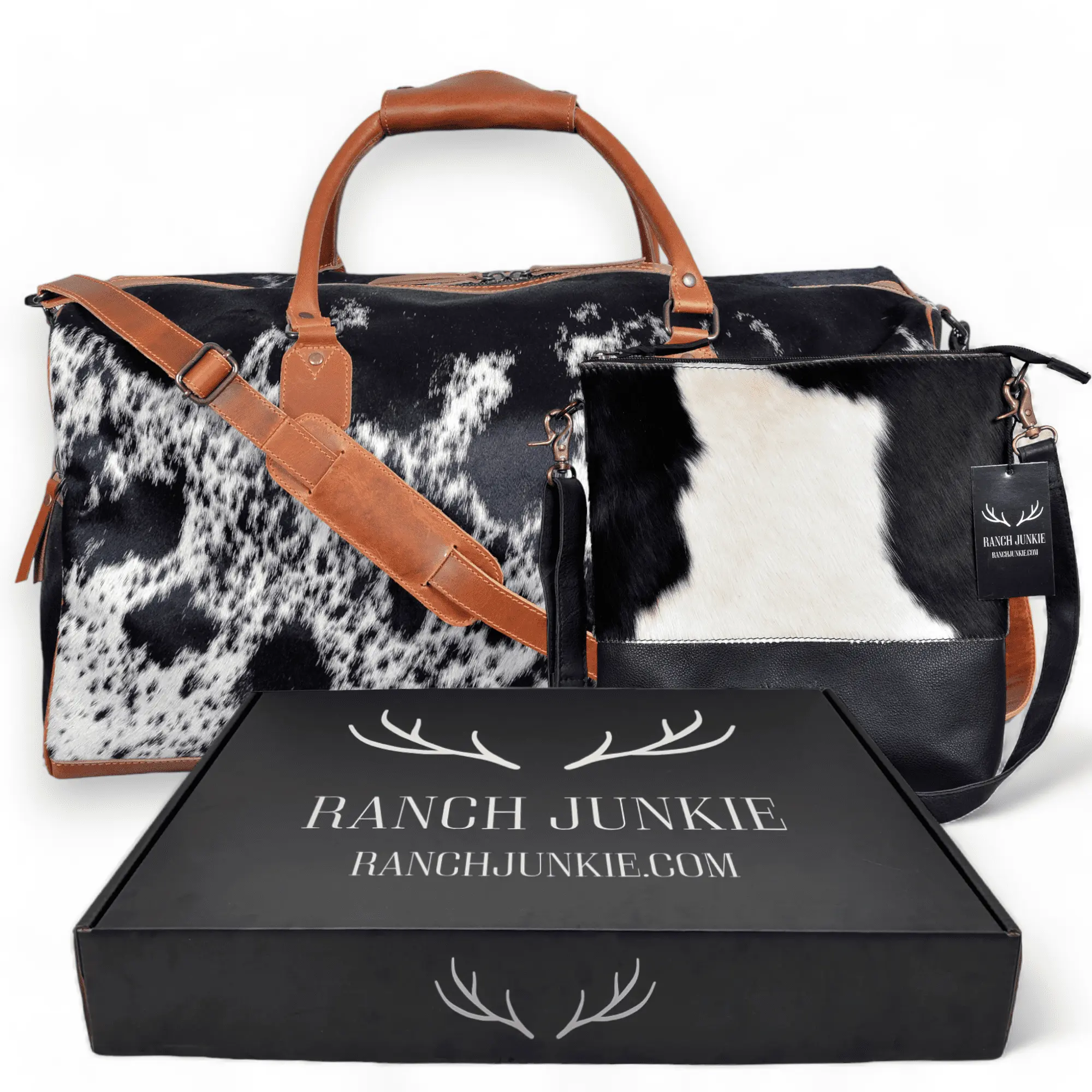 Gift Set Highlands Large Genuine Cowhide Weekender Duffel Black+ Crossbody Purse Black