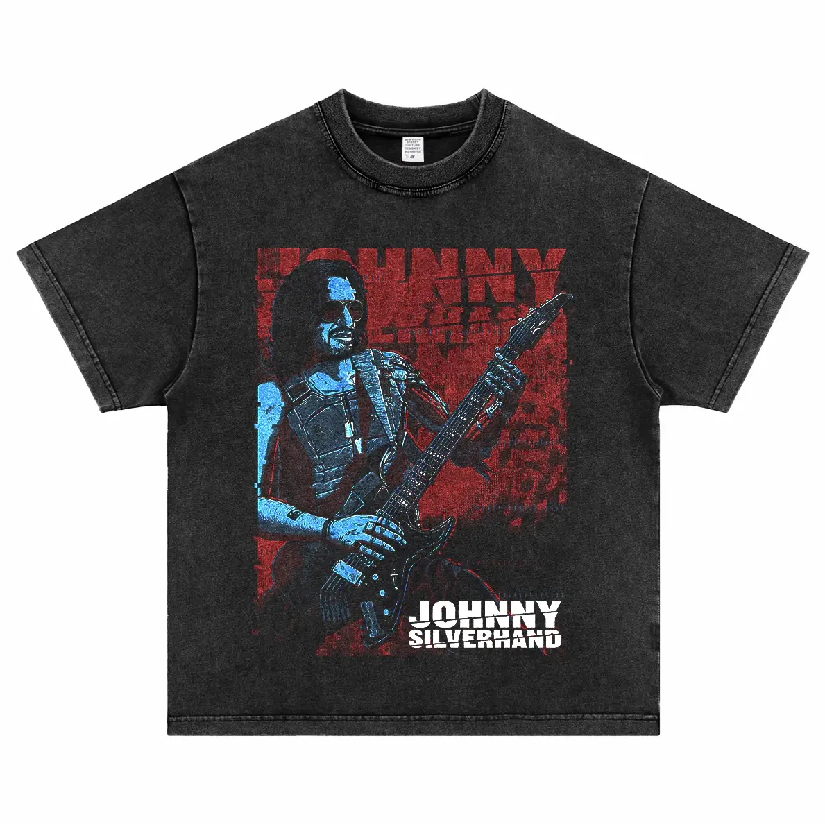 valentine shirts 2025 Cyberpunk 2077 Johnny Silver Hand's Heavyweight Washed and Aged Pure Cotton Game T-shirt with Retro Short Sleeves