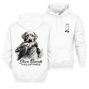 Dive Bomb Industries Duck Dog Hoodie, Classic Labrador Retriever Hunting Pullover, Vintage Waterfowl Hunter Gift Outdoor Duck Hunting Hoodie, Retro Dog Handler Statement Hoodie