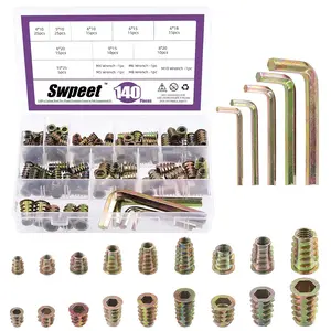 140Pcs M4 M5 M6 M8 M10 Metric Carbon Color Zinc Plated Carbon Furniture Wood Screw in Nut Flanged Screw-in Hex Drive Threaded Inserts Nuts Assortment Kit with 5Pcs Wrench