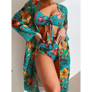 2026 Summer 3 Piece Turquoise Tropical Swimsuit for Women - Tie Front Bikini Top + High Waisted Tummy Control Bottom + Long Sleeve Kimono Cover Up, Vibrant Hibiscus Floral Print Beachwear, Perfect Vacation Pool Party Cruise Outfit
