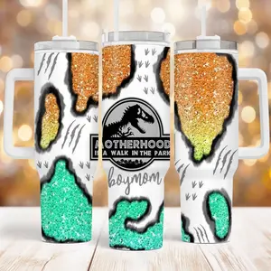 Sparkly Dinosaur Pattern 40oz Tumbler, Textured Glitter Dino Cup, Aesthetic Adventure Drinkware, 40oz Insulated Mug With Handle, High Quality Dino Print, Shimmering Park Logo Mug, Travel Friendly Dinosaur Cup, Green and Orange Glitter Aesthetic