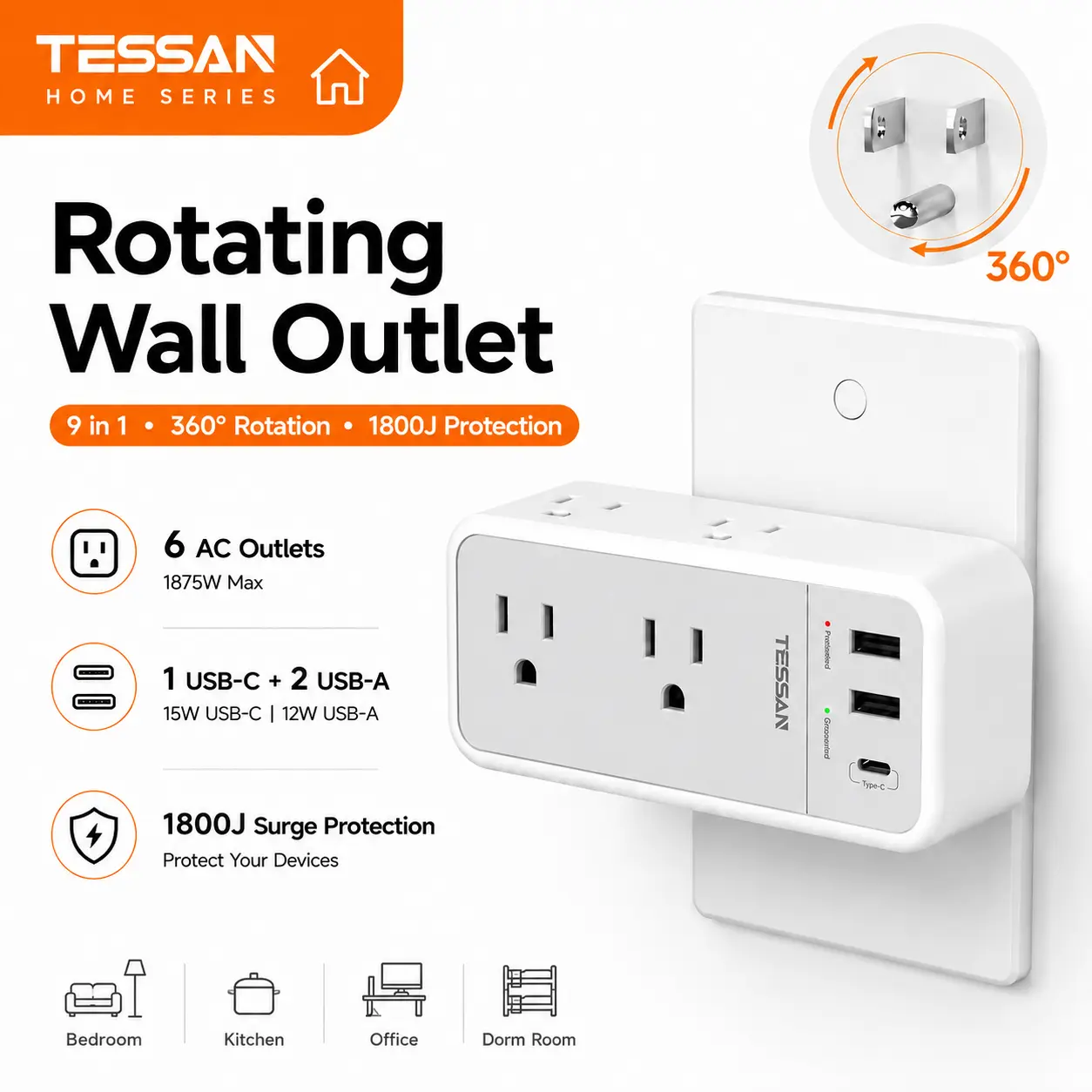 【TESSAN 9-in-1 Outlet Splitter】with 360° Rotating Plug, 6 AC Outlets and 3 USB Ports, 1800J Surge Protector for Dorm Room, Home Office, Back-to-School Essentials