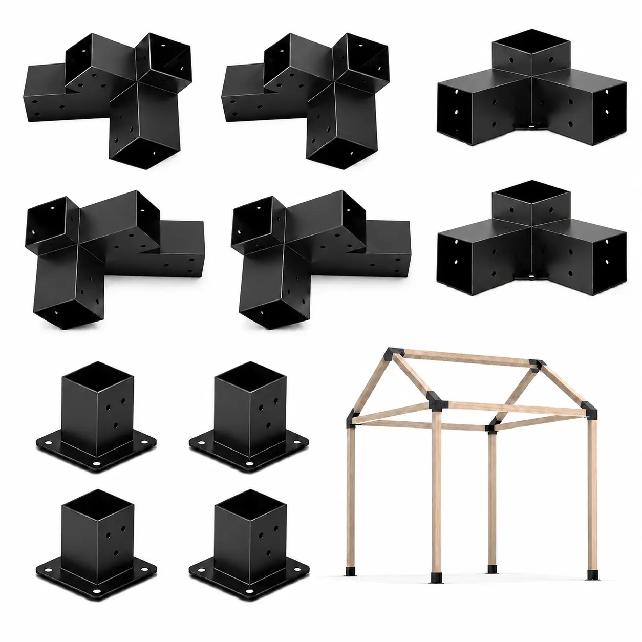 Jurrque Galvanized Steel 30° Angle Corrosion Resistant Pergola Bracket Kit, 10-Piece Set with 4 Post Bases for 4"x4" (Actual 3.6"x3.6") Lumber, Quick-Install DIY Kit for Outdoor Shade Canopy, Patios