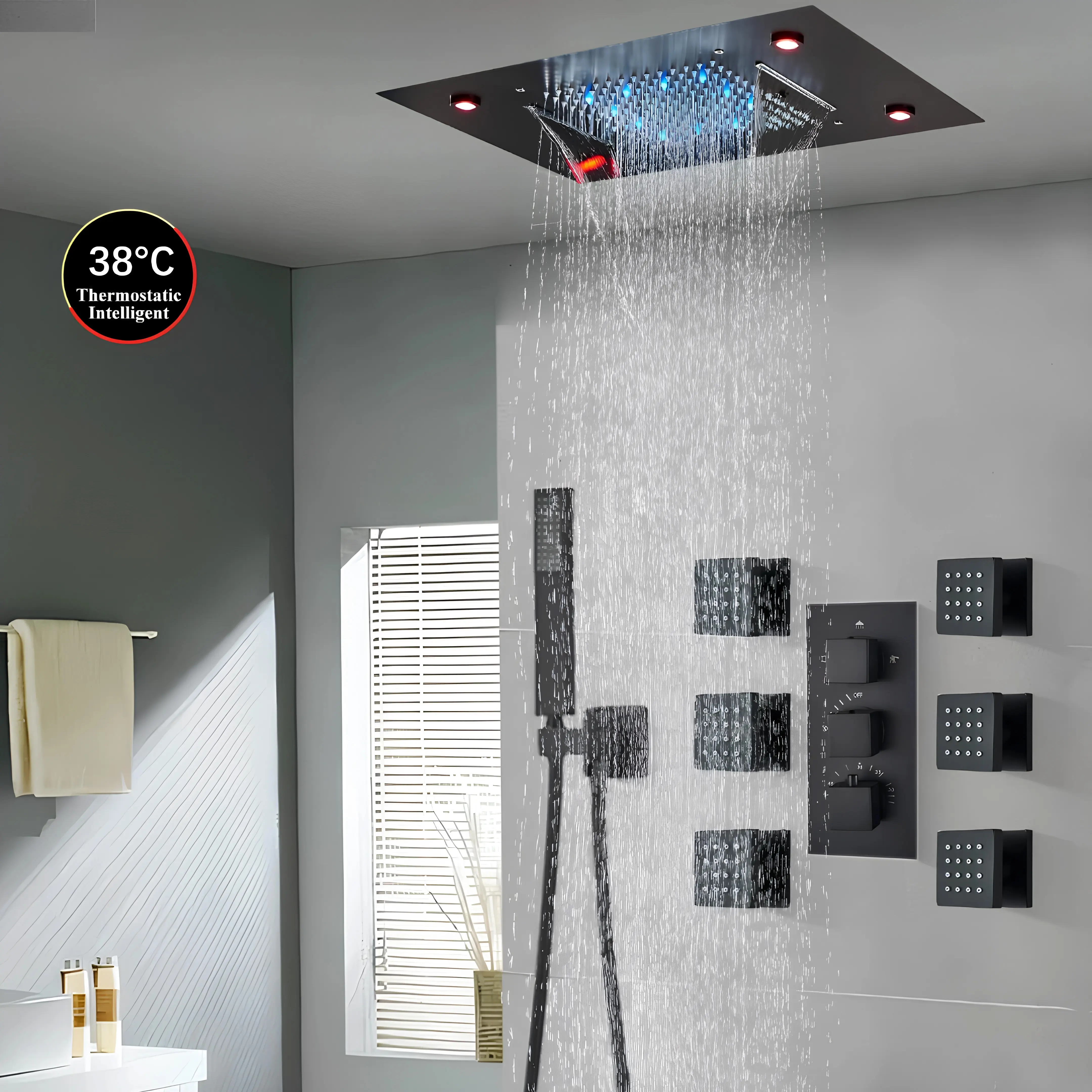 Matte Black Brass Thermostatic Bathroom Rain Shower System - Ceiling/Wall Mount 14x20 in LED Rain Shower Head with 6 Body Jets, Handheld, 64 Light Changes, LED Lights, Bluetooth, All Functions Operable Simultaneously, Adjustable