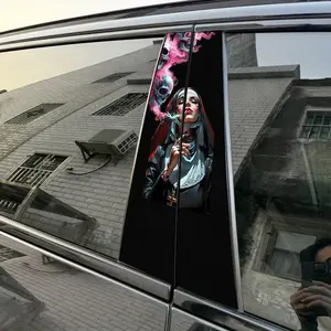 2pcs Dark NunSmoking WomanPink Smoke Skull Car Sticker B-Pillar DIY Center Pillar Film Cool Car Decoration Decorative Car Accessory