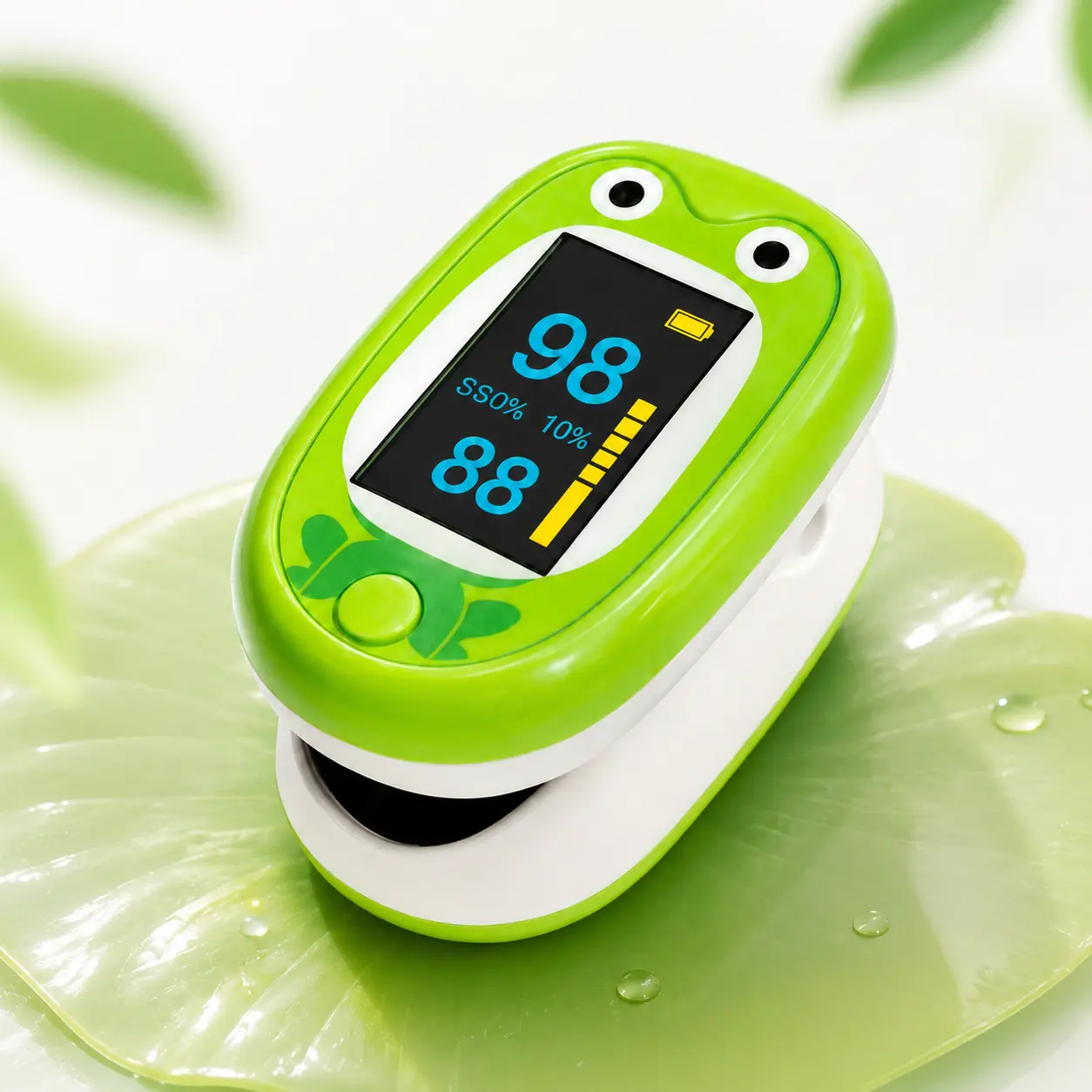 Cute Frog Fingertip Pulse Oximeter with Large Color Screen, 1-Button Operation, USB Rechargeable, Lightweight Design