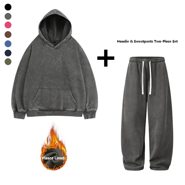 Men’s vintage acid-wash distressed hooded sweatshirt sports set, unisex, couples’ two-piece set, 2026 new arrival athleisure apparel for the back-to-school season, men’s casual sportswear set.