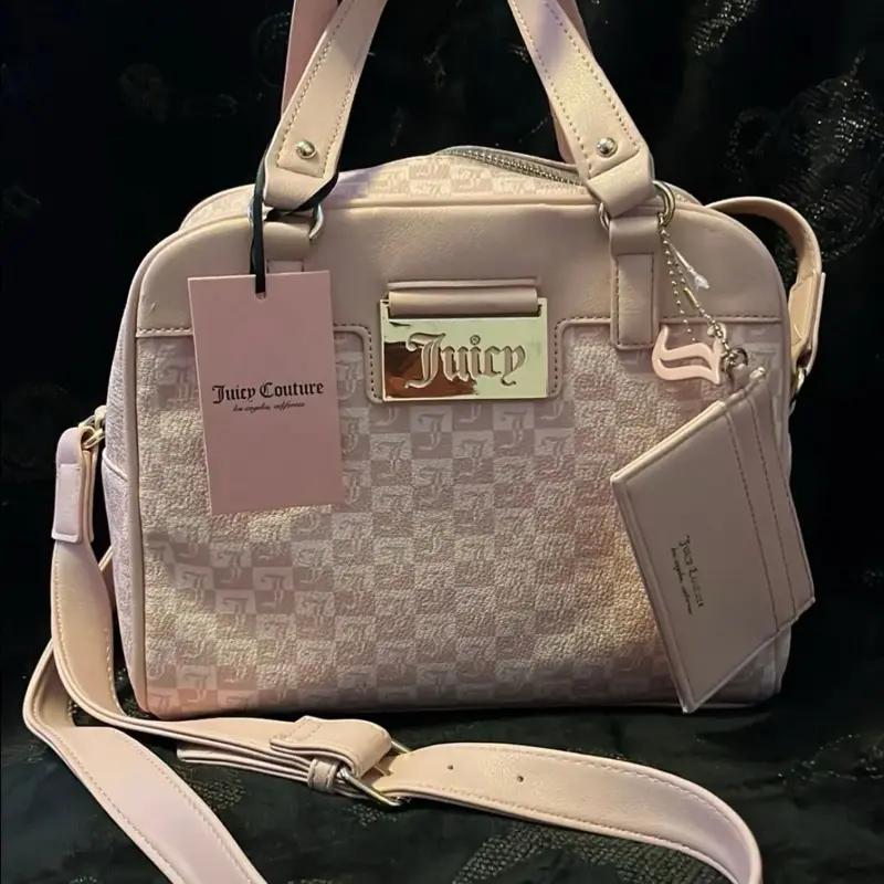 Juicy Couture Pink Embossed Logo Satchel Bag with Matching Wallet and Adjustable Strap