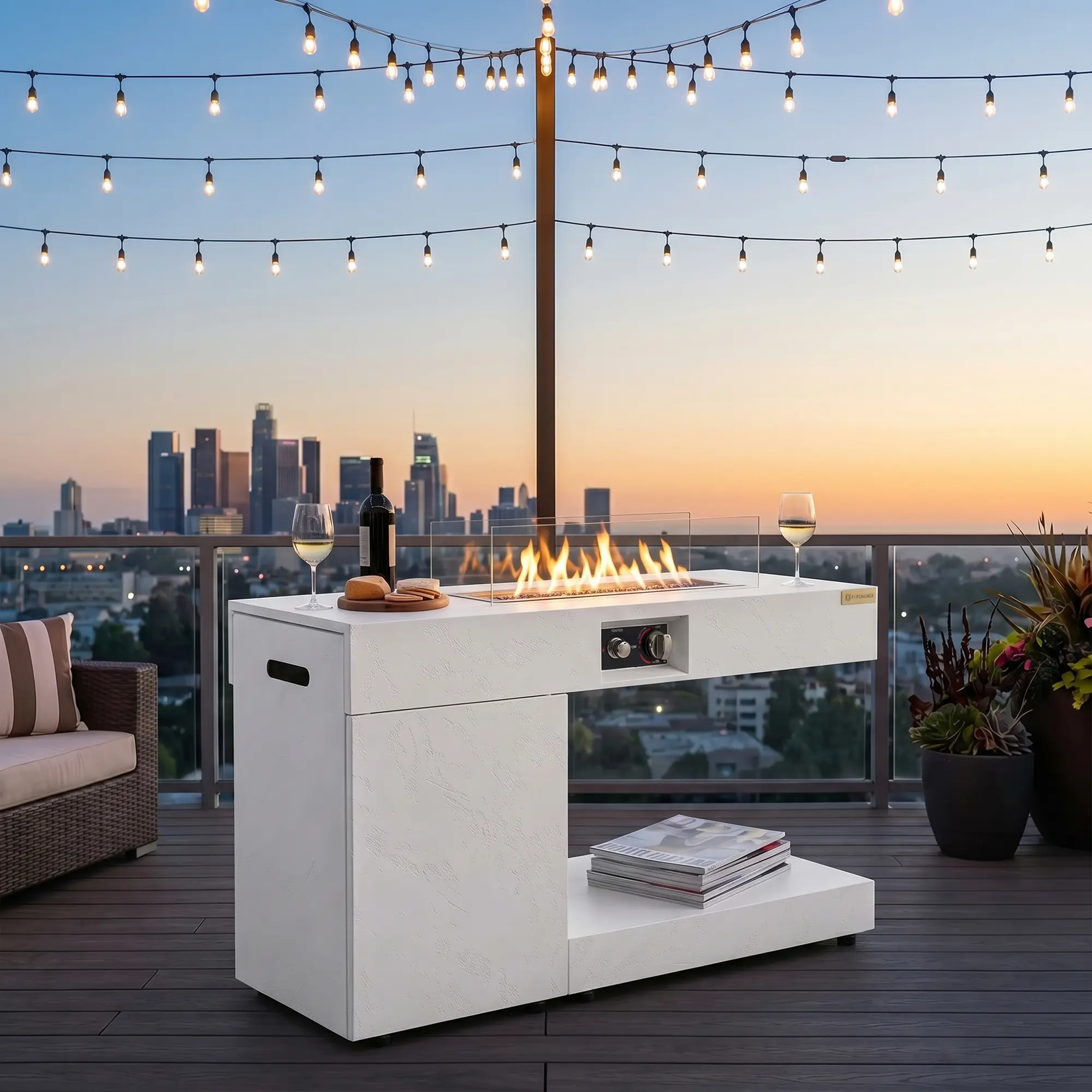 FUFU&GAGA Outdoor Propane Fire Pit Table, 50000 BTU White Model with Tempered Glass Wind Guard, Hidden 20-lb Tank Cabinet, Open Storage Shelf for Patio, Deck (Home Improvement, Garden Supplies, Patio Fire Pits)