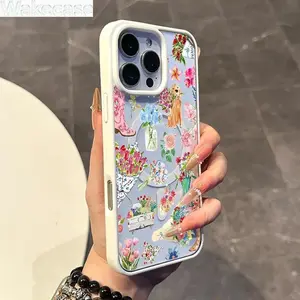Boots and puppy prints paired with pastel floral patchwork pattern. Magnetic phone case for iPhone 17/16/E/Pro Max/15 Plus/14/13/12 | Made of silicone, thin and beautiful, scratch-resistant and durable, cute and protective.
