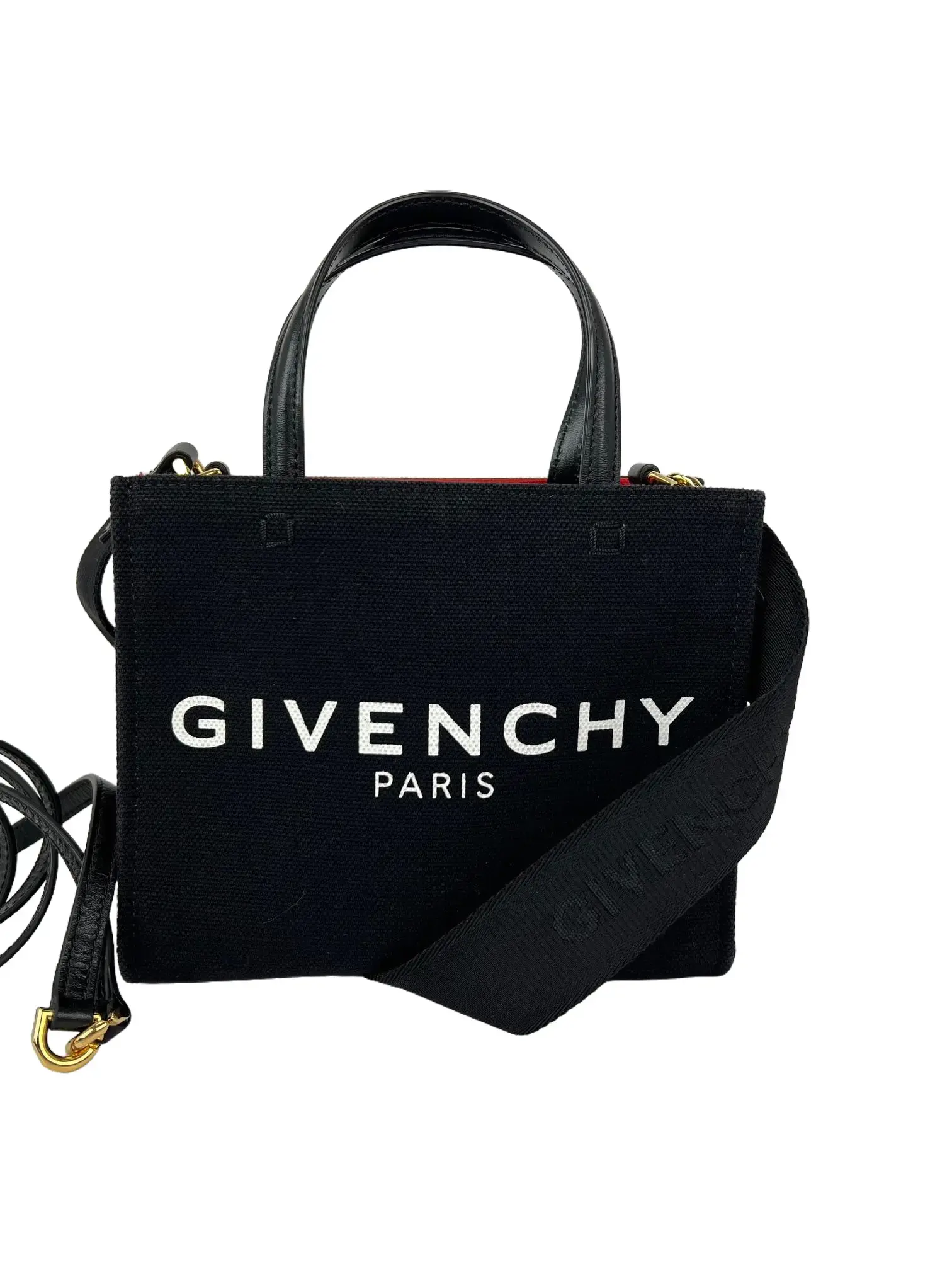Pre-owned GIVENCHY canvas Mini bags Mini G Shopper Tote Bag 100% Authentic, Black with Gold Accents, Double Black Leather, Excellent Condition, 3.1in, 6.2in, 7.5in Dimensions, Includes Dust Bag, Tote Bags, 3.1 In