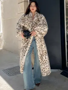 New Plus Size Women's Faux Fur Coat, Long Winter Fashion Warm Cat Print Overcoat, Stylish Large Lapel Design for Autumn & Winter