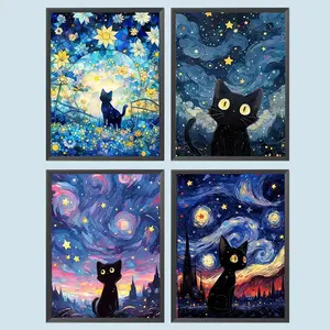 Starry Sky Cat Pattern DIY Diamond Art Painting Without Frame, 4 Counts DIY 5D Diamond Arts Painting Kit, Wall Art Decor For Home Living Room Bedroom, Christmas Gift, Crafting, Diamond Painting Kits