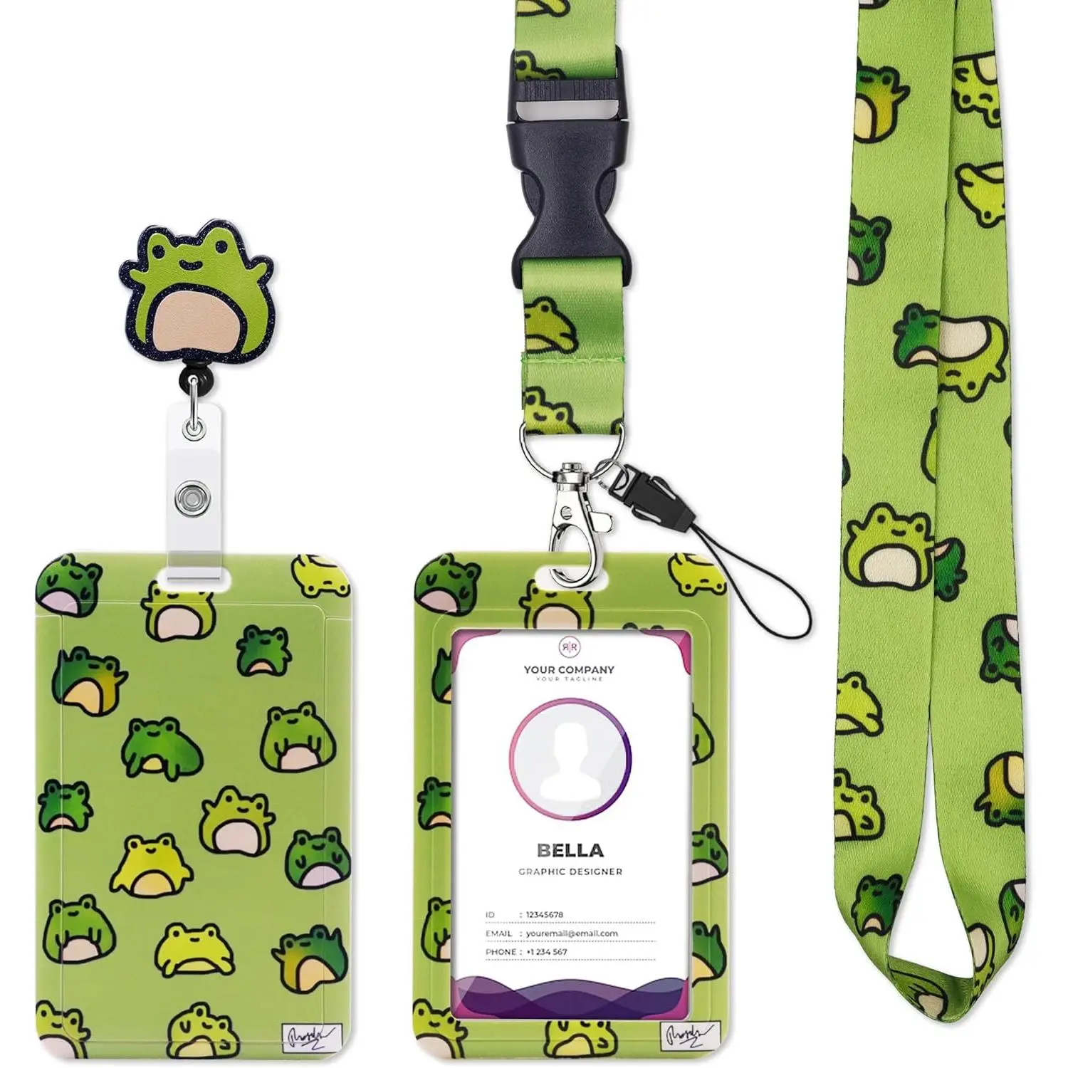 L-NKL002 Cute Frog Lanyards with Rotatable ID Badge Holder - Breakaway Lanyards for Nurse, Teacher, Student, Office Work, Women, Kids