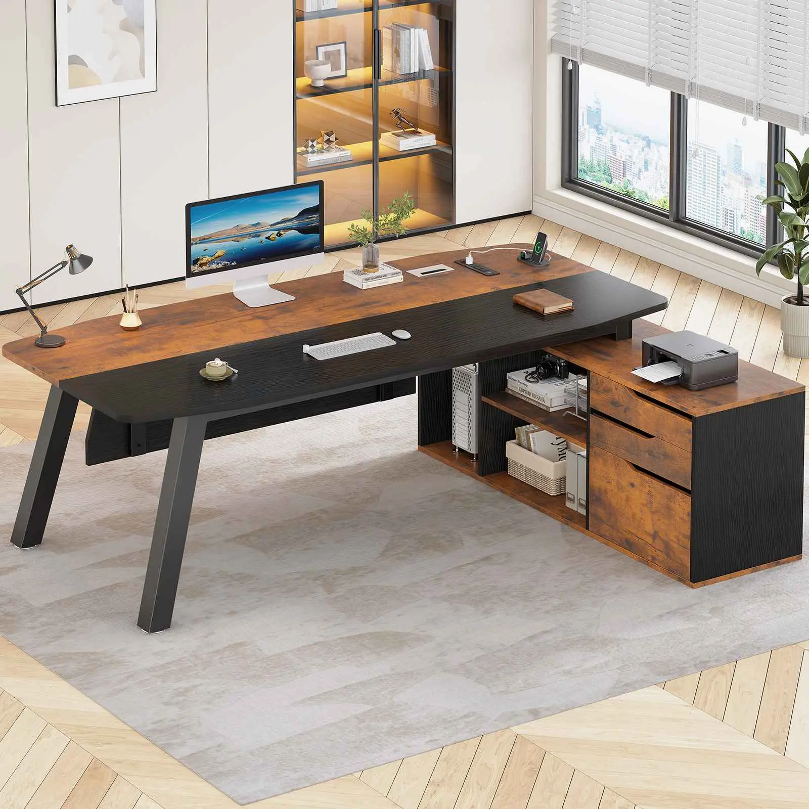 Sedeta 70.9"x31.5" Modern L-Shaped Executive Engineered Wood Office Desk - Metal Legs, Spacious Workspace, Storage Drawers, File Cabinet, Modern Bookshelf, Built-In Outlets, Dual Monitor Setup, Multi-Monitor Fit, Space-Saving, Requires Assembly