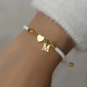 Initial Heart Charm Letter Link Bracelet, Fashion All-match Jewelry for Women, Retro Adjustable Rope Bracelet for Daily Use