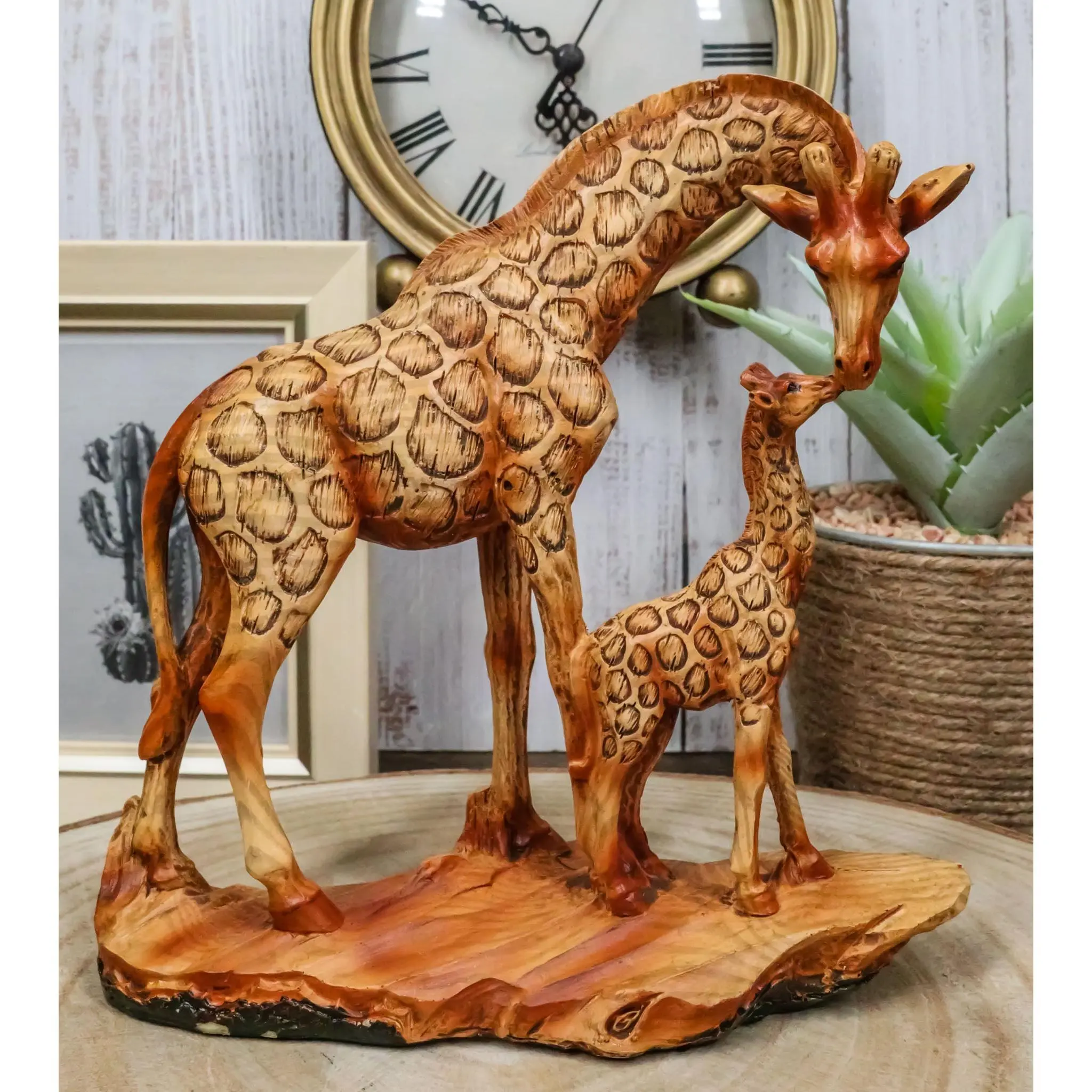 Safari Giraffe Family Statue 6.75"H Faux Wood Resin Giraffe Mother And Calf