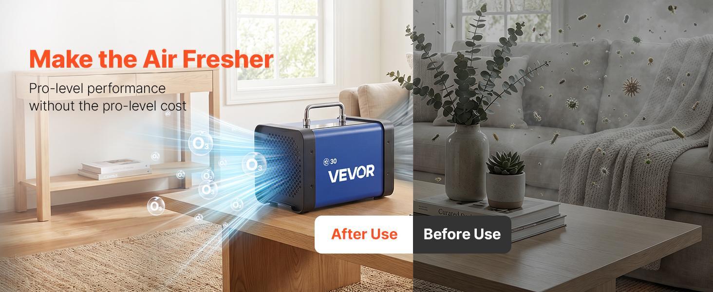 VEVOR Commercial Industrial Ozone Generator Ionizer (30000 mg/h) - Home Air Purifier with Remote Control, Dual Treatment System, 2 Hoses Water Mode, 15s Delayed Start, LCD Touchscreen Control Panel, Area-Based Selection, Foldable Handle (Up to 2700 sq.ft)