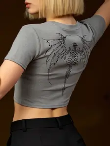 Women's Gothic Skull Wing Print Crop Top Short Sleeve Sportswear, Summer Quick-Dry Breathable Elastic Tight Fit Tee for Yoga Running, Athletic Yoga Tops, Fitness Running Tops