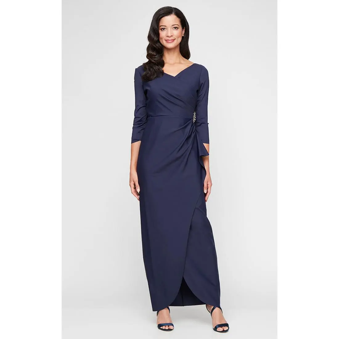 *Long Surplice Sheath Dress With Cascade Tulip Overlay Skirt Detail and Embellishment at Hip