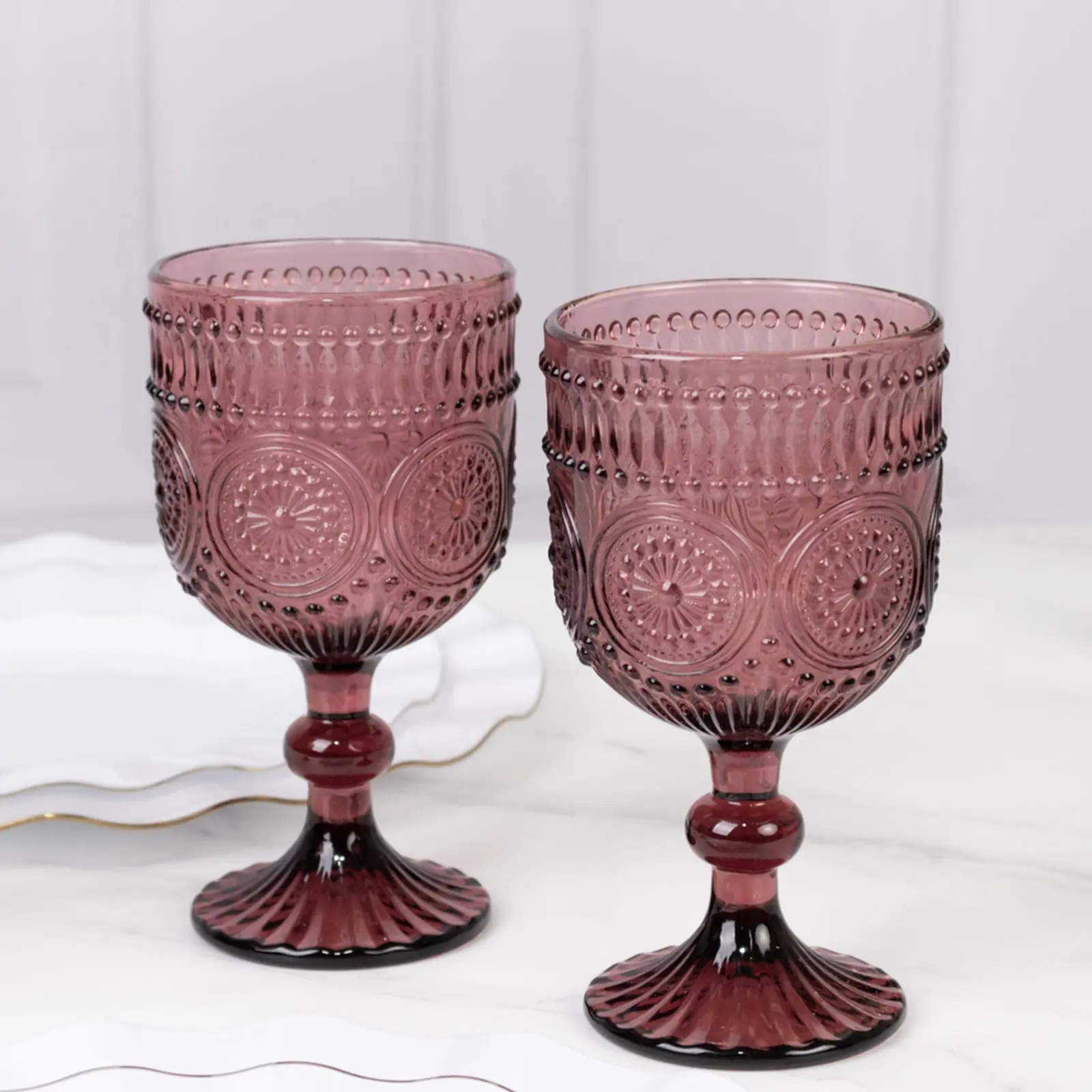 6-Pack Dusty Rose Vintage Embossed Textured Floral Glassware Drinkware - 12oz Short Stemmed Drinkware Glass Set for Wines, Cocktails