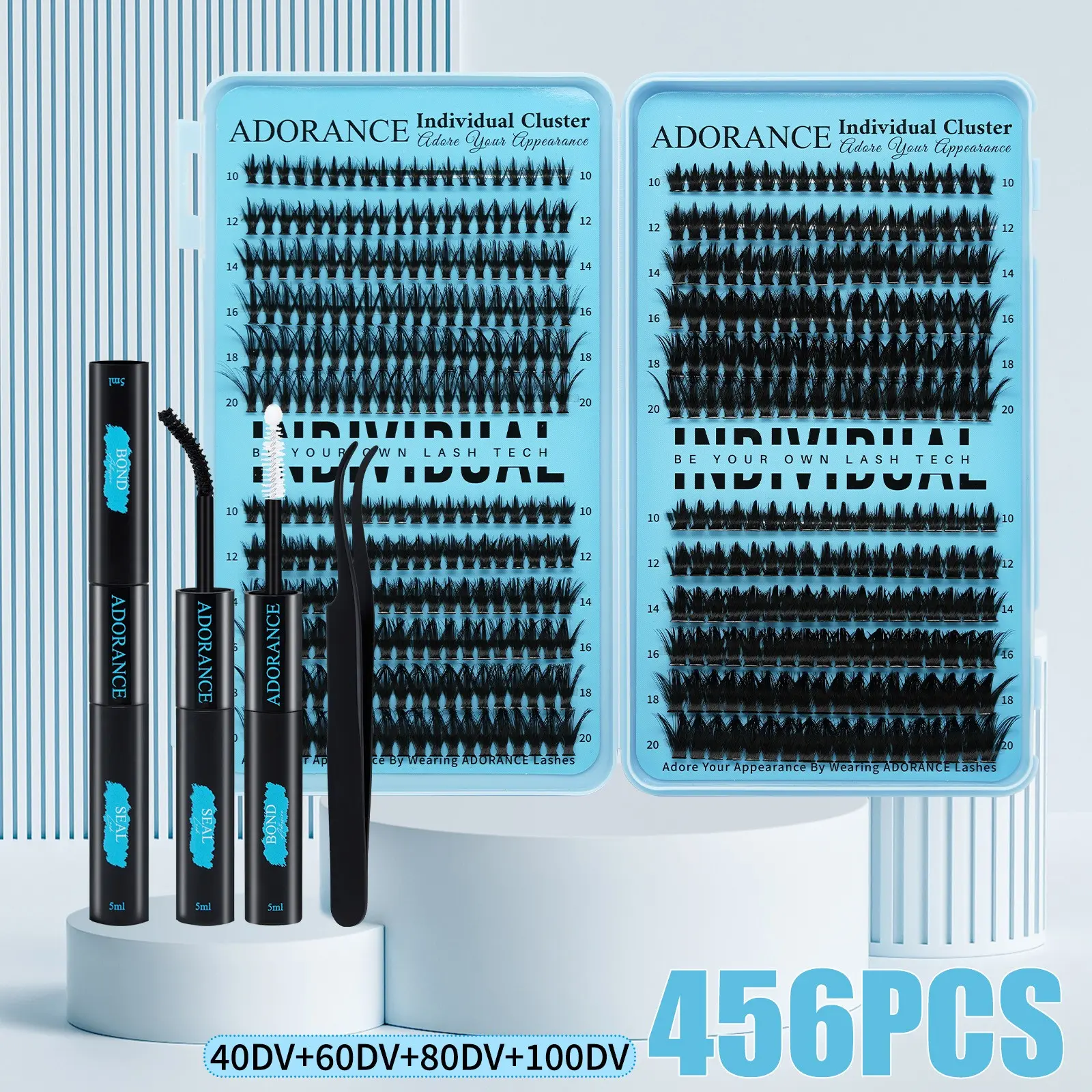ADORANCE 456PCS Lash Clusters 4 Style Wispy Lashes, 40DV+60DV+80DV+100DV  Beginner Friendly Eyelash Clusters Kit with Lash Bond, Seal & Tweezers, Natural Look Cluster Lashes for Everyday Makeup, Travel & Special Occasions Lashes Set