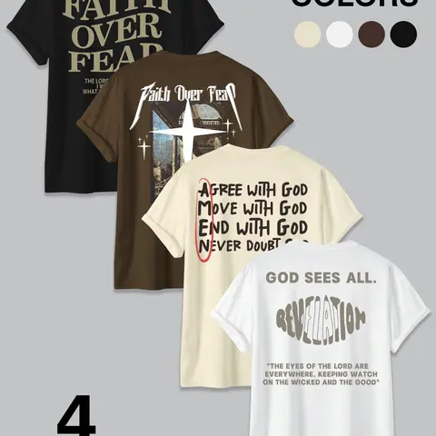 4-Pack "Faith Over Fear" Christian Graphic Tees, Religious Streetwear Short Sleeve Tops, Casual